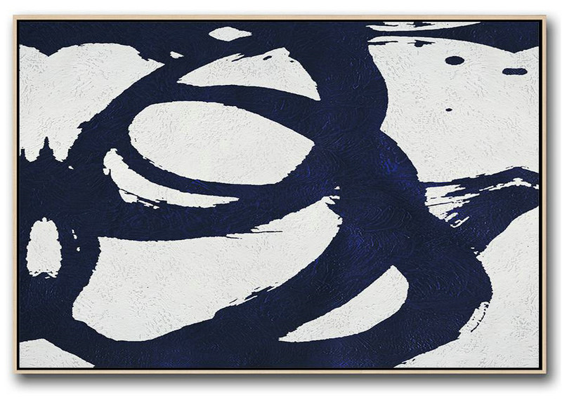 Hand Painted Extra Large Abstract Painting,Horizontal Navy Painting Abstract Minimalist Art On Canvas,Large Wall Art Canvas
